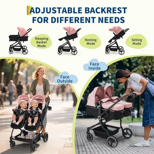 Vista 2 de Tandem - Cochecito doble para recién nacidos y niños pequeños, ligero y compacto, plegable, con reclinación y toldo ajustables, portavasos