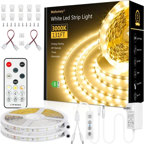 Vista 8 de Wefomey Tira de luces LED blancas, tira de luces LED regulables de 24 V de 131 pies, 6500 K, luz blanca brillante, cinta de luces flexibles