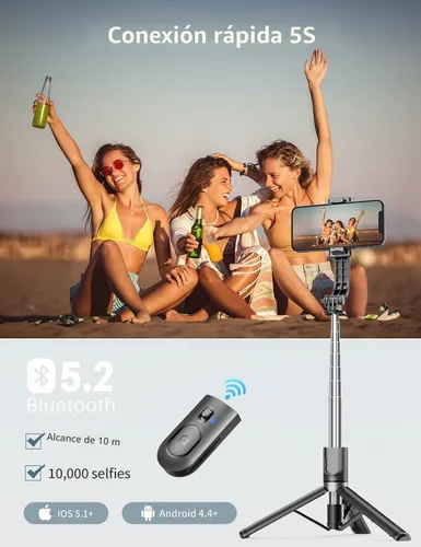 Vista 4 de Palo selfie con trípode y luz, palo selfie de 45'' con control remoto inalámbrico, trípode portátil para teléfono compatible con iPhone 16/15 Pro