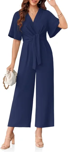 Vista 3 de GAMISOTE Enterizo de pierna ancha para mujer, manga corta, nudo frontal, overol largo de verano