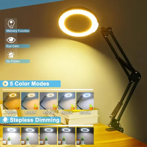 Vista 4 de Coyeth lupa de 10 aumentos con luz y abrazadera, lupa iluminada con soporte de vidrio real, lámpara de escritorio LED regulable sin escalones con 5