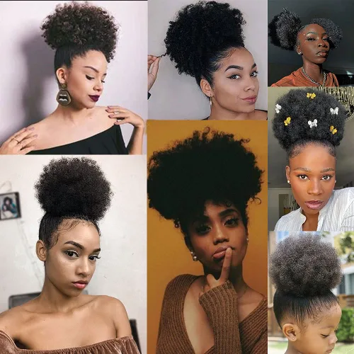 Vista 6 de MOONSHOW Extensión de cola de caballo afro con cordón para mujeres negras, extensión de moño corto afro rizado, extensiones de cabello sintético