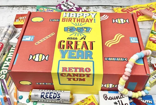 Vista 2 de Dulces retro, nostálgicos, 1957, década de 1960, caja de regalo de 60 años de antigüedad, 50s jr