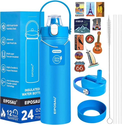 Vista 28 de Botella de agua aislada con tapa, bota y calcomanías, botella de acero inoxidable de 24 onzas, sin sudor, mantiene el frío las 24 horas, botella
