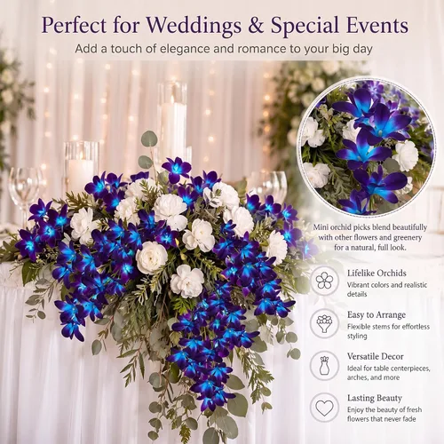 Vista 4 de Canlierr 8 piezas de flores artificiales de orquídeas artificiales de color azul y morado, rellenos de jarrón de mesa de boda, centros de mesa