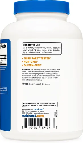 Vista 4 de Nutricost Magnesio + fuerza regular (210 mg, 240 cápsulas) – 120 porciones, fabricado con glicinato de magnesio y óxido, sin OMG, sin gluten y apto