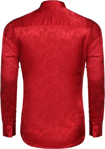 Vista 4 de COOFANDY - Camisas de vestir de seda de satén para hombre, con manga larga, diseño jacquard floral, botones, para fiesta, graduación y boda