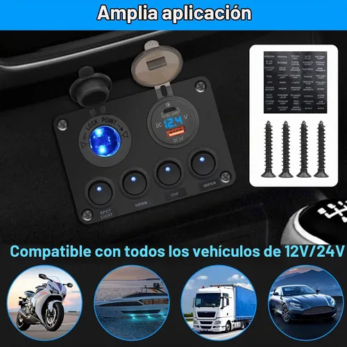 Vista 7 de Linkstyle Panel de interruptores de 12 V, puerto USB A de 18 W y puerto USB C de 45 W, enchufe para encendedor de cigarrillos con voltímetro digital