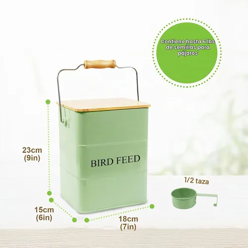 Vista 4 de Contenedor de almacenamiento de semillas de pájaro de metal, recipiente para pájaros al aire libre, contenedor de comida para mascotas con tapa
