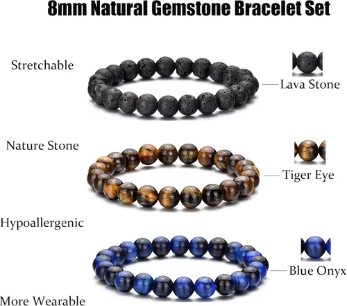 Vista 3 de RANKEEF - Pulsera de ojo de tigre para hombre, elástica, ajustable, cuentas de vidrio color negro, 516 de pulgada