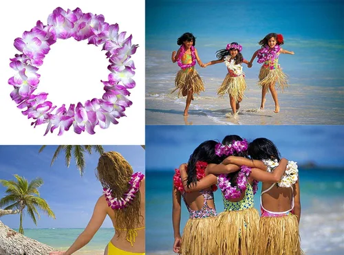 Vista 3 de 4 piezas de leis hawaianos morados con hojas verdes para fiesta de graduación, fiesta de baile, accesorio de fotos en exteriores (morado)