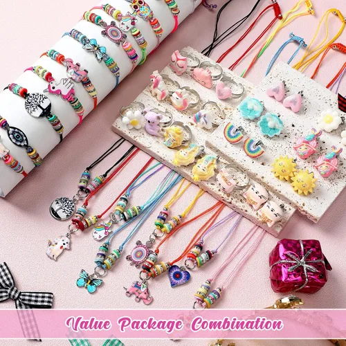 Vista 5 de Juego de 70 piezas de joyería para niños, pulseras ajustables de la amistad de sirena, unicornio, collares, anillos, aretes, colgante tejido