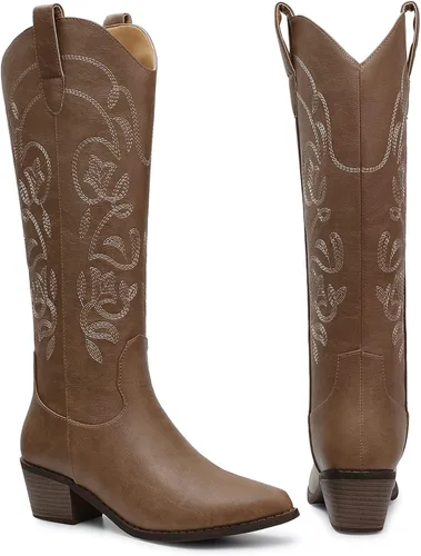 Vista 4 de SHIBEVER Botas vaqueras vaqueras para mujer Botas hasta la rodilla para mujer, botas occidentales bordadas con tacón grueso y ancho de pantorrilla