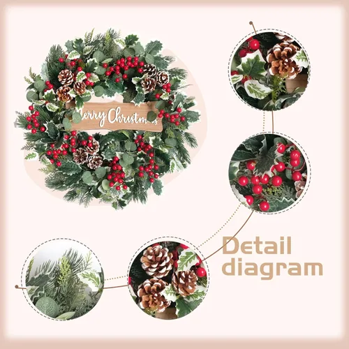 Vista 8 de idyllic Corona de Navidad-22 Coronas de Decoración de Navidad para Puerta Delantera Corona de Invierno Primavera con Agujas de Pino Eucalipto Hojas