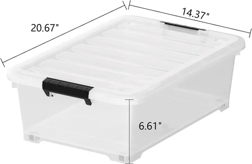 Vista 2 de Sandmovie Paquete de 4 cajas de almacenamiento de 20 cuartos de galón debajo de la cama, contenedores de plástico con ruedas y tapas, contenedores