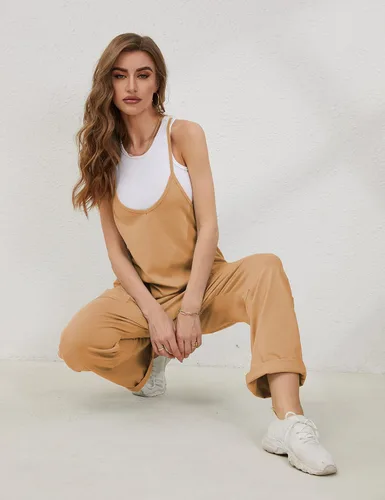 Vista 8 de Lentta - Enterizo casual para mujer con cuello en V sin mangas tipo harem con tirantes elásticos ajustables y bolsillos