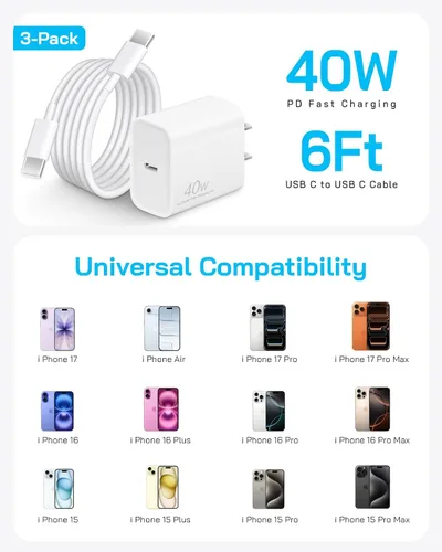 Vista 7 de Cargador de carga rápida para iPhone 17, 16, 15 Pro, bloque de carga rápida USB-C de 40 W para iPhone con cable de carga tipo C a C de 6 FT