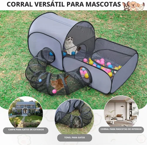 Vista 4 de Corralito para perros TailTastic con túnel envolvente, corralito para gatos al aire libre/interior con lados suaves y transpirables, tienda