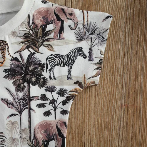 Vista 5 de Conjunto de ropa de verano para bebés y niños pequeños, mameluco de manga corta con estampado de animales de bosque, conjunto de 2 piezas