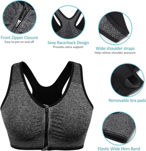 Vista 9 de Sujetador deportivo con cremallera frontal para mujer, brasier deportivo inalámbrico para postcirugía, brasier deportivo de yoga activo