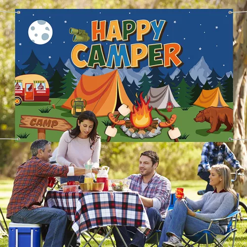 Vista 7 de Tatuo Telón de fondo de campamento Happy Camper - Fondo de fotos para colgar en la pared para niños, niños, adolescentes, suministros de fiesta