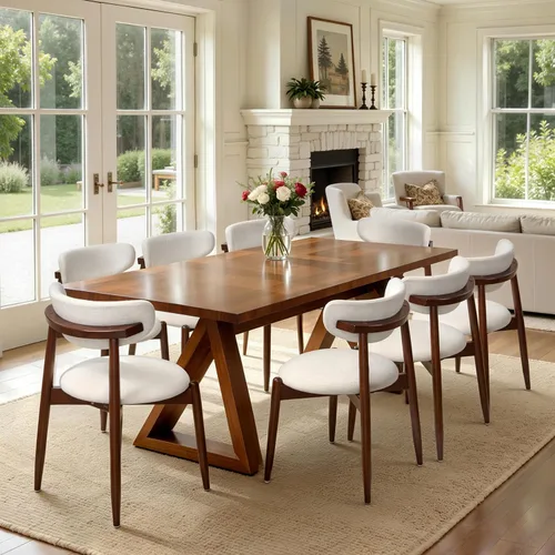 Vista 19 de CHUN YI Juego de 2 sillas de comedor tapizadas de madera maciza, sillas auxiliares de cocina de tela moderna de mediados de siglo con respaldo Beige