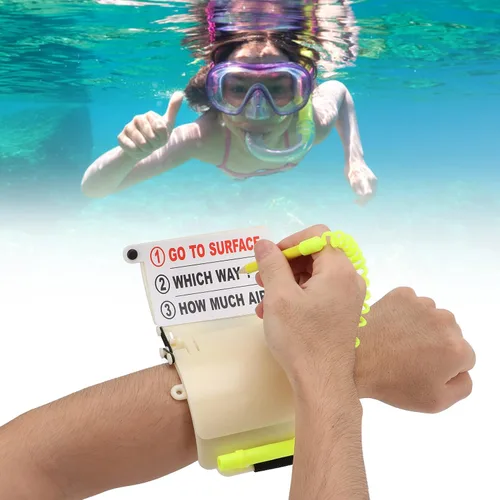 Vista 5 de Agatige Pizarra de escritura de buceo, escritura de muñeca, lápiz de pizarra de buceo, correa de buceo, tablero de escritura de muñeca, herramientas
