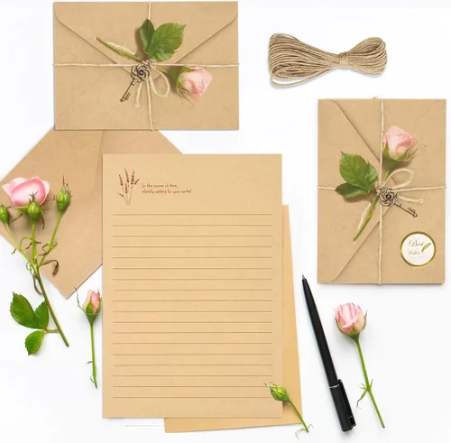 Vista 5 de KSIWRE Juego de 72 piezas de papelería vintage, 24 papeles de escritura con 12 sobres a juego, kit de papelería de aspecto antiguo para escribir