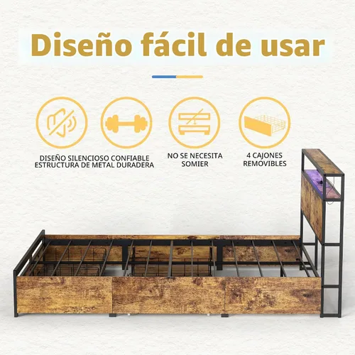 Vista 6 de HAUSOURCE - Base de cama tamaño Queen con cabecera de almacenamiento, 4 cajones, luces LED, plataforma metálica antideslizante sin ruido, base
