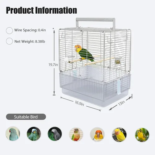 Vista 2 de Jaula para pájaros de viaje de acero inoxidable, 304 portátil, plegable, para loros, conures, cacatúas, periquitos, jaula grande de 17 pulgadas