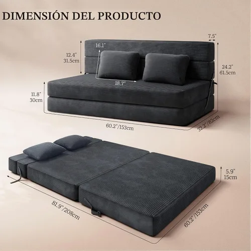 Vista 3 de Sofá cama convertible, sofá cama plegable de dos plazas, futón, sofá cama Negro
