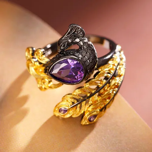Vista 6 de Gothic Golden Feather Amethyst Rings - Black Peacock Rhinestone Copper Rings