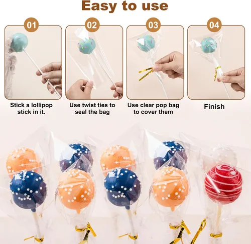 Vista 6 de 8 Inch Lollipop Sticks and Wrappers Kit, 300 Pcs for Large Cake Pop, Candy