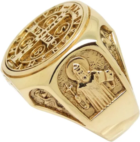 Vista 3 de Anillo de hombre San Benito de Oro Sólido Cristiano Católico