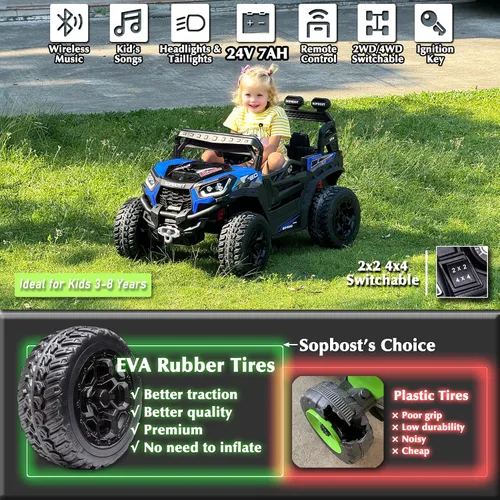 Vista 4 de Sopbost vehículo utilitario 24 V premium 4x4 con control remoto para niños, camión eléctrico todoterreno con neumáticos de goma EVA, cambio entre