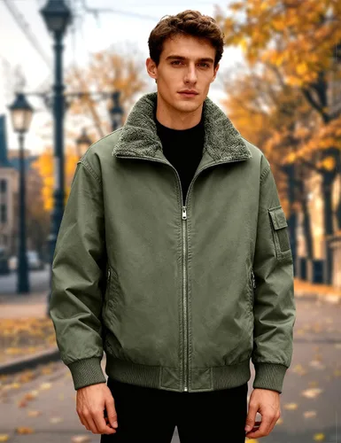 Vista 3 de Eisctnd Chaqueta bomber de invierno con forro de sherpa para hombre, abrigo de forro polar cálido resistente para hombres con bolsillos
