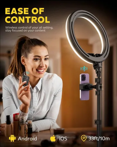 Vista 6 de Anillo de luz de 10 pulgadas con soporte y soporte para teléfono, anillo de luz para selfie para videoconferencia/videollamada