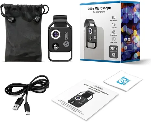 Vista 7 de Mini microscopio de bolsillo para teléfono 200X con luz LED/clip universal, accesorios de cámara de microscopio digital portátil Nano Zoom para 99%