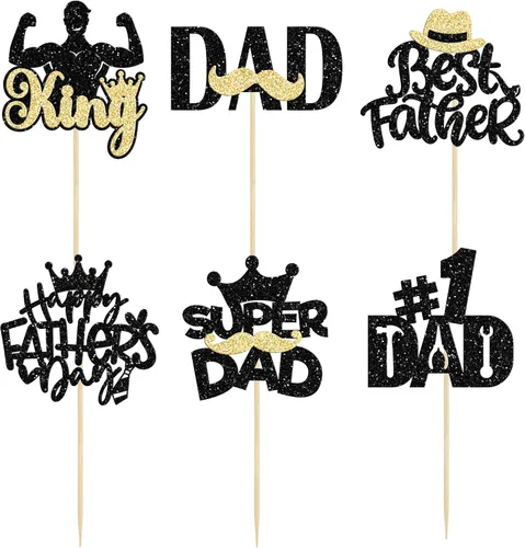 Vista 3 de Gyufise 24 adornos para cupcakes con purpurina para el Día del Padre, diseño de bigote con purpurina, para papá, mejor papá, herramienta