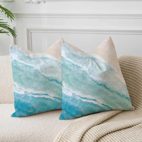 Vista 3 de Fundas de almohada azules con acuarela de playa, mar, océano, paisajes de naturaleza, funda de cojín cuadrada para sofá, cama, dormitorio