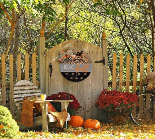 Vista 3 de OLMIXA Letrero de madera con texto en inglés "Hello Fall", gancho