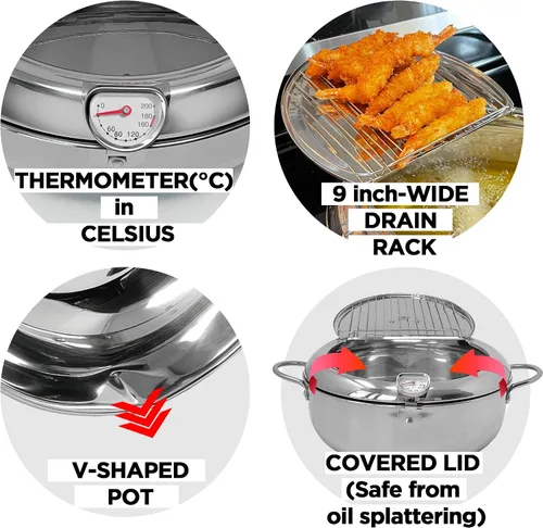 Vista 3 de Saltlas Olla Freidora Profunda (°C), Olla de Freír Tempura Extra Grande de 11"/4.4Qt (4.2 L) con Tapa, Olla de Acero Inoxidable 304 con Control