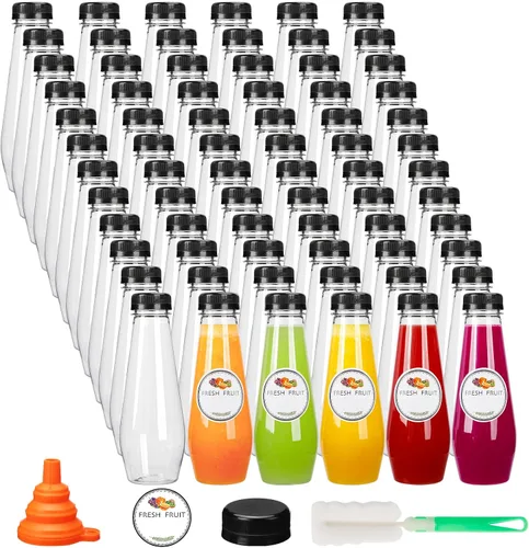 Vista 9 de Moretoes 40 botellas de jugo de 12 onzas, botellas de plástico vacías con tapas, contenedores reutilizables para bebidas a granel transparentes