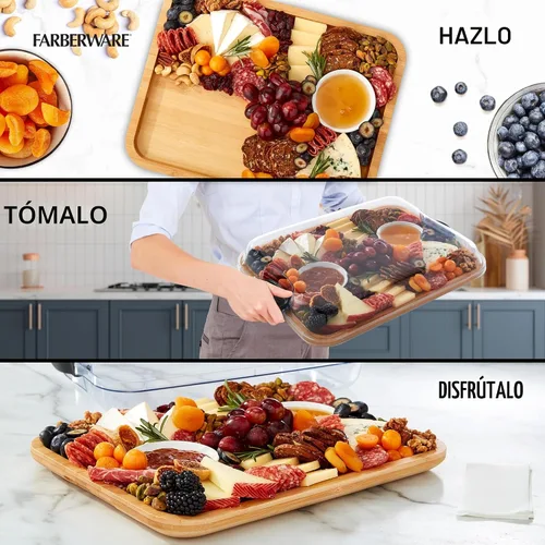 Vista 2 de Farberware Tabla de cortar de bambú Build-A-Board con compartimento de almacenamiento único, tapa de bloqueo transparente, mangos negros, perfecta