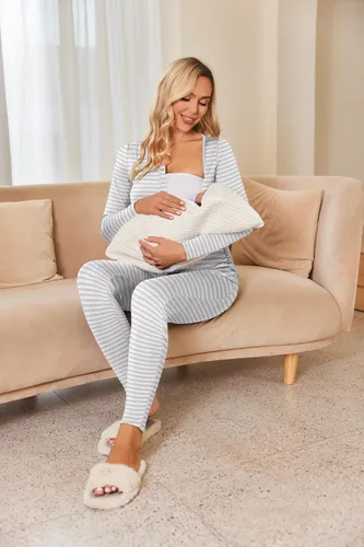 Vista 5 de Ekouaer Ropa interior térmica con botones para mujer, pijama de maternidad con forro polar de microfibra, conjunto de pijamas de invierno largo