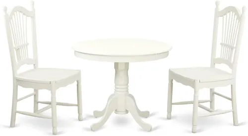 Vista 12 de East West Furniture ANDO3-BCH-W Juego de mesa de comedor de 3 piezas contiene una mesa redonda de madera con pedestal y 2 sillas de comedor
