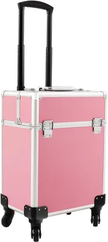 Vista 10 de Estuche de maquillaje profesional, estuche de aluminio para cosméticos con ruedas silenciosas, 4 bandejas plegadas y varilla retráctil, capacidad