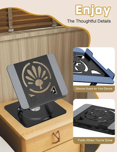 Vista 4 de Soporte ajustable para computadora de escritorio, base giratoria de 360°, elevador de aluminio para laptop, soporte ergonómico para oficina, hogar