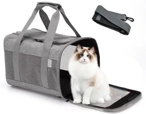 Vista 8 de Transportador de viaje para gatos, de lados suaves, ventilado, transpirable, plegable, transportador suave aprobado por aerolíneas para perros