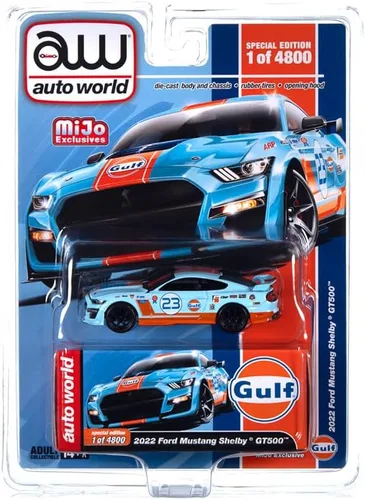 Vista 2 de Auto World CP8052 Shelby GT500#23 - Modelo de automóvil fundido a presión a 4800 piezas en todo el mundo 1/64 azul claro con rayas naranjas